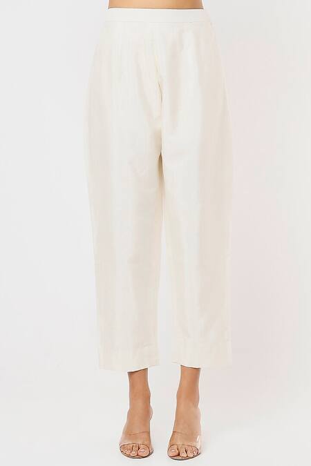 Blue Lotus Design_Ivory Silk Embroidery, Sequins Round Neck Floral Frilled Cape Pant Set _Online_at_Aza_Fashions