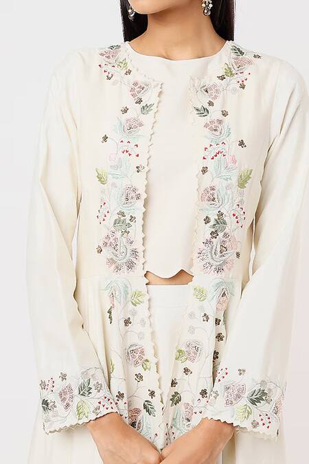 Buy_Blue Lotus Design_Ivory Silk Embroidery, Sequins Round Neck Floral Frilled Cape Pant Set _Online_at_Aza_Fashions