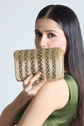 Shop_Tasna_Gold Cut Work, Pearls, Beads Eden Cutdana And Embellished Sling Bag_Online_at_Aza_Fashions