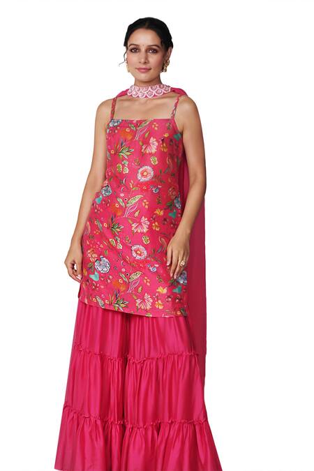 Shop Blooming Threads Pink Cotton, Silk, Organza Bagicha Floral Print Kurta Tiered Sharara Set Online at Aza Fashions Shop_Blooming Threads_Pink Cotton, Silk, Organza Bagicha Floral Print Kurta Tiered Sharara Set _Online_at_Aza_Fashions