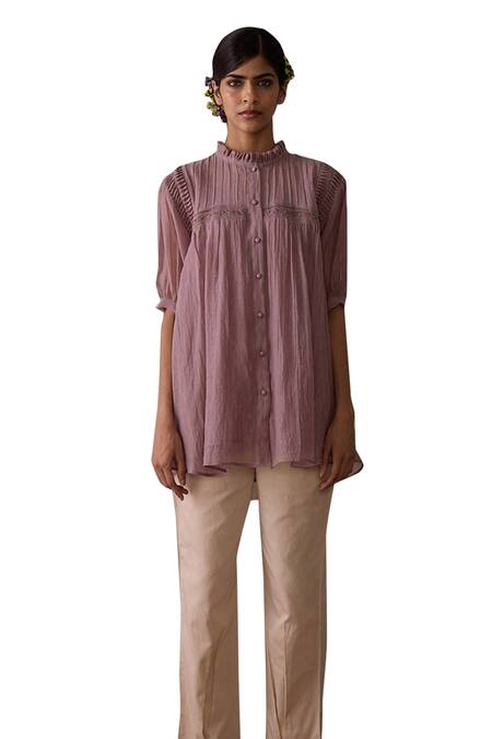 Buy Kritika Dawar Purple Chanderi, Cotton Embroidery High Neck Pintucked Short Tunic And Pant Set Buy_Kritika Dawar_Purple Chanderi, Cotton Embroidery High Neck Pintucked Short Tunic And Pant Set