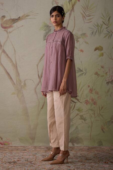 Shop Kritika Dawar Purple Chanderi, Cotton Embroidery High Neck Pintucked Short Tunic And Pant Set Shop_Kritika Dawar_Purple Chanderi, Cotton Embroidery High Neck Pintucked Short Tunic And Pant Set