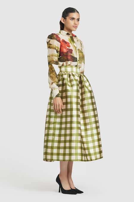 Gauri & Nainika_Green Microfiber Gingham Print Tea-length Skirt _Online_at_Aza_Fashions