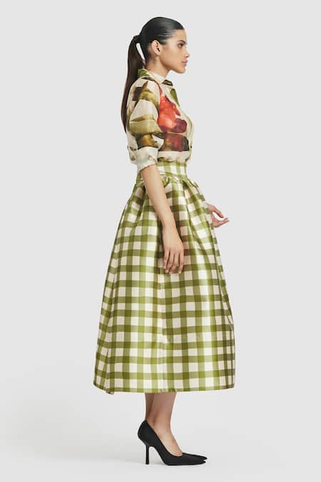 Shop_Gauri & Nainika_Green Microfiber Gingham Print Tea-length Skirt _Online_at_Aza_Fashions