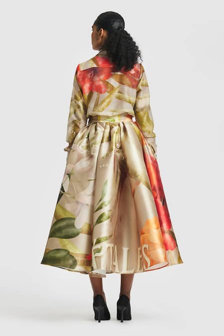 Shop Gauri & Nainika Brown Microfiber Carnation Print Tea-length Skirt at Aza Fashions Shop_Gauri & Nainika_Brown Microfiber Carnation Print Tea-length Skirt _at_Aza_Fashions