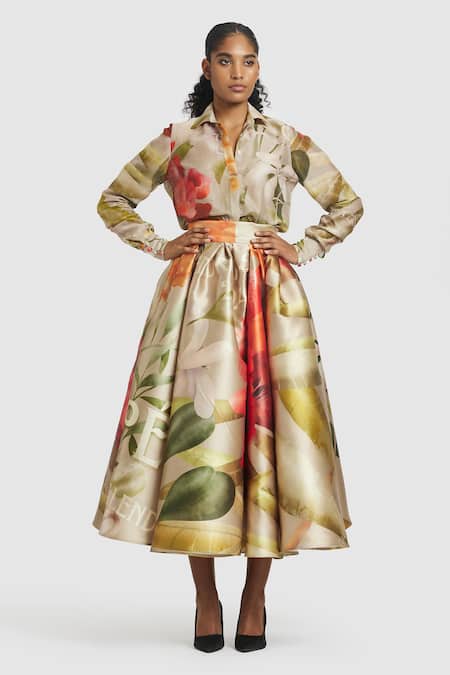 Gauri & Nainika Brown Microfiber Carnation Print Tea-length Skirt Online at Aza Fashions Gauri & Nainika_Brown Microfiber Carnation Print Tea-length Skirt _Online_at_Aza_Fashions