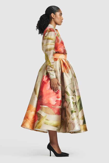 Buy Gauri & Nainika Brown Microfiber Carnation Print Tea-length Skirt Online at Aza Fashions Buy_Gauri & Nainika_Brown Microfiber Carnation Print Tea-length Skirt _Online_at_Aza_Fashions