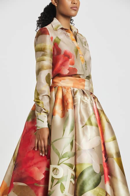 Shop Gauri & Nainika Brown Microfiber Carnation Print Tea-length Skirt Online at Aza Fashions Shop_Gauri & Nainika_Brown Microfiber Carnation Print Tea-length Skirt _Online_at_Aza_Fashions