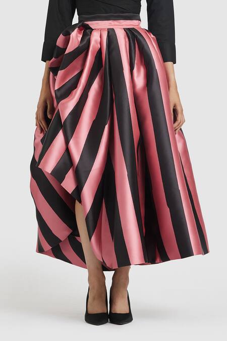 Gauri & Nainika Pink Microfiber Striped Print Tea-length Skirt Online at Aza Fashions Gauri & Nainika_Pink Microfiber Striped Print Tea-length Skirt _Online_at_Aza_Fashions