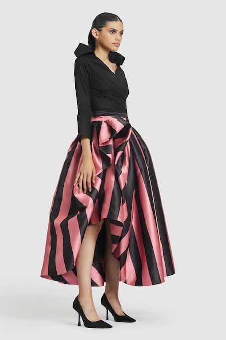 Buy Gauri & Nainika Pink Microfiber Striped Print Tea-length Skirt Online at Aza Fashions Buy_Gauri & Nainika_Pink Microfiber Striped Print Tea-length Skirt _Online_at_Aza_Fashions