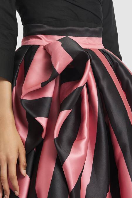 Shop Gauri & Nainika Pink Microfiber Striped Print Tea-length Skirt Online at Aza Fashions Shop_Gauri & Nainika_Pink Microfiber Striped Print Tea-length Skirt _Online_at_Aza_Fashions