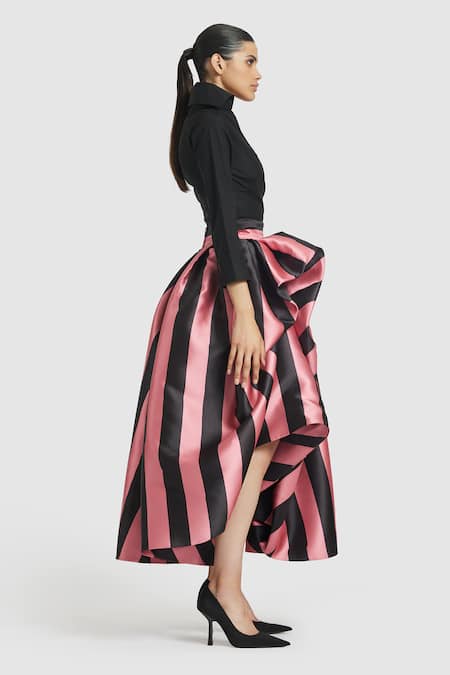 Gauri & Nainika Pink Microfiber Striped Print Tea-length Skirt at Aza Fashions Gauri & Nainika_Pink Microfiber Striped Print Tea-length Skirt _at_Aza_Fashions