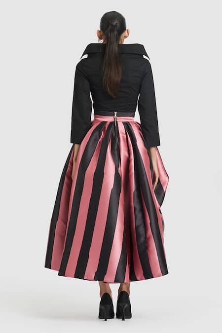 Shop Gauri & Nainika Pink Microfiber Striped Print Tea-length Skirt at Aza Fashions Shop_Gauri & Nainika_Pink Microfiber Striped Print Tea-length Skirt _at_Aza_Fashions