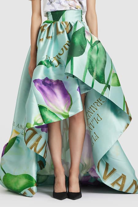 Gauri & Nainika_Blue Microfiber Lisianthus Print High-low Skirt _Online_at_Aza_Fashions