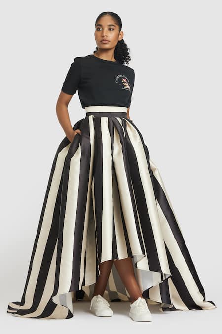 Gauri & Nainika Black Mikado Printed Striped High-low Skirt 