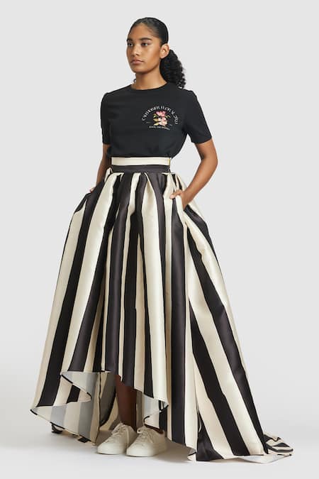Shop_Gauri & Nainika_Black Microfiber Striped Print High-low Skirt _at_Aza_Fashions
