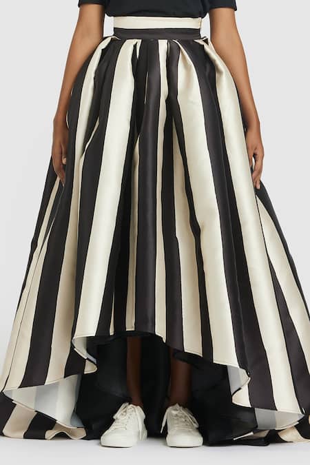 Gauri & Nainika_Black Microfiber Striped Print High-low Skirt _Online_at_Aza_Fashions