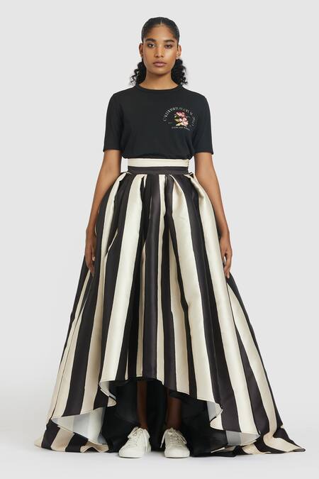 Buy_Gauri & Nainika_Black Microfiber Striped Print High-low Skirt _Online_at_Aza_Fashions