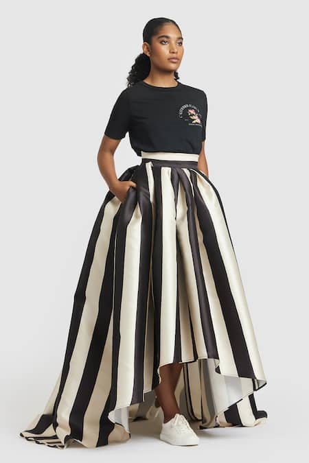 Gauri & Nainika_Black Microfiber Striped Print High-low Skirt _at_Aza_Fashions