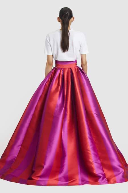 Shop Gauri & Nainika Red Microfiber Stripe Print Floor-length Skirt at Aza Fashions Shop_Gauri & Nainika_Red Microfiber Stripe Print Floor-length Skirt _at_Aza_Fashions