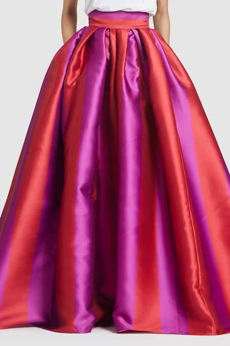 Gauri & Nainika Red Microfiber Stripe Print Floor-length Skirt Online at Aza Fashions Gauri & Nainika_Red Microfiber Stripe Print Floor-length Skirt _Online_at_Aza_Fashions