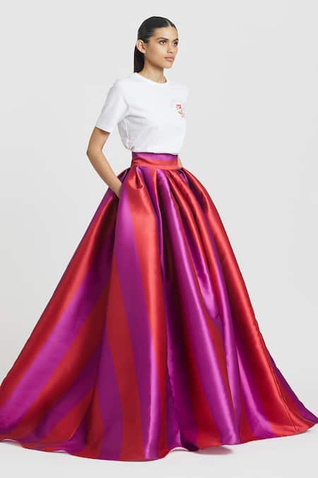 Buy Gauri & Nainika Red Microfiber Stripe Print Floor-length Skirt Online at Aza Fashions Buy_Gauri & Nainika_Red Microfiber Stripe Print Floor-length Skirt _Online_at_Aza_Fashions