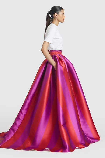 Shop Gauri & Nainika Red Microfiber Stripe Print Floor-length Skirt Online at Aza Fashions Shop_Gauri & Nainika_Red Microfiber Stripe Print Floor-length Skirt _Online_at_Aza_Fashions