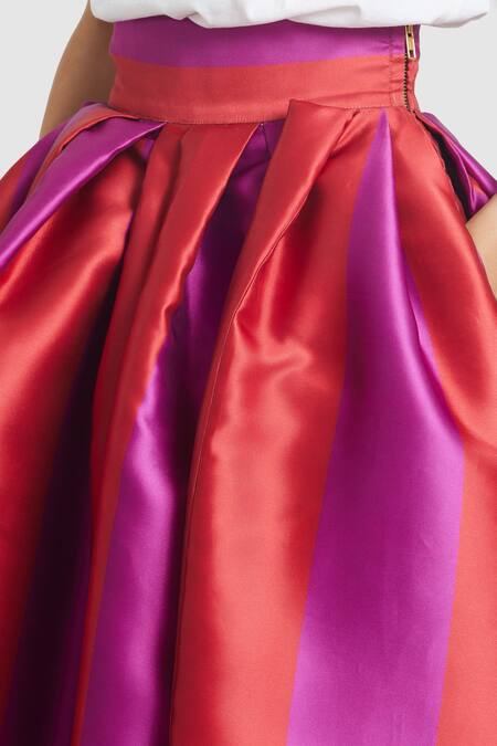 Gauri & Nainika Red Microfiber Stripe Print Floor-length Skirt at Aza Fashions Gauri & Nainika_Red Microfiber Stripe Print Floor-length Skirt _at_Aza_Fashions