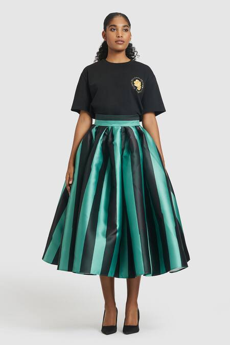 Gauri & Nainika_Green Microfiber Striped Pattern Tea-length Skirt _Online_at_Aza_Fashions