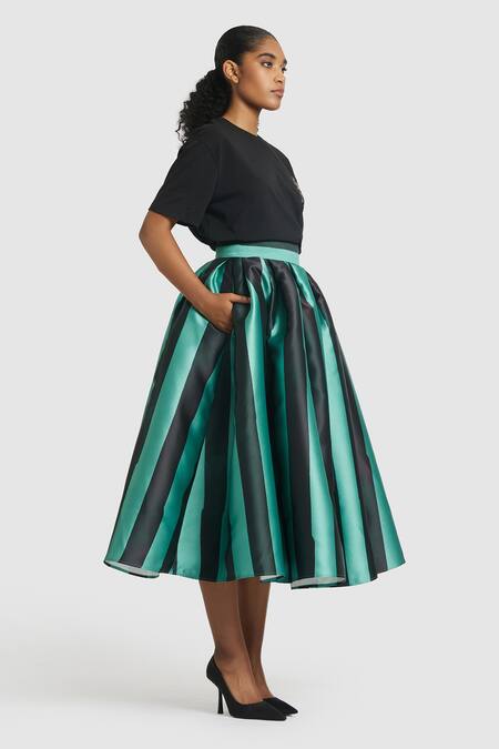 Buy_Gauri & Nainika_Green Microfiber Striped Pattern Tea-length Skirt _Online_at_Aza_Fashions