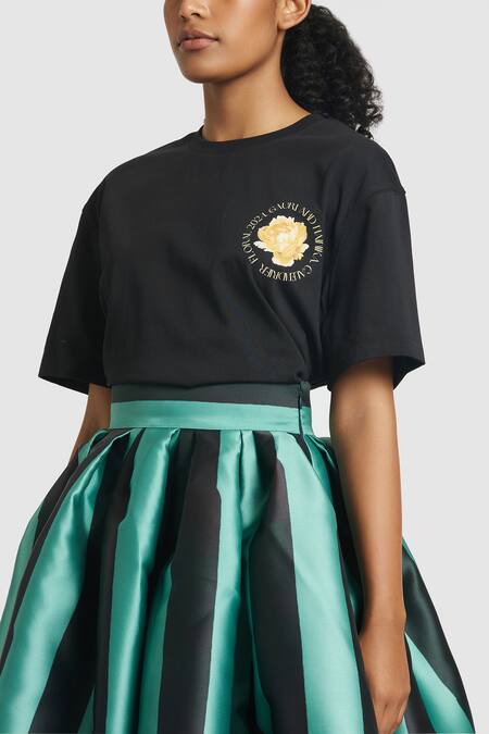 Shop_Gauri & Nainika_Green Microfiber Striped Pattern Tea-length Skirt _Online_at_Aza_Fashions