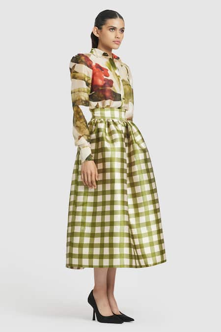 Gauri & Nainika_Ivory Chanderi Collared Carnation Print Shirt _Online_at_Aza_Fashions