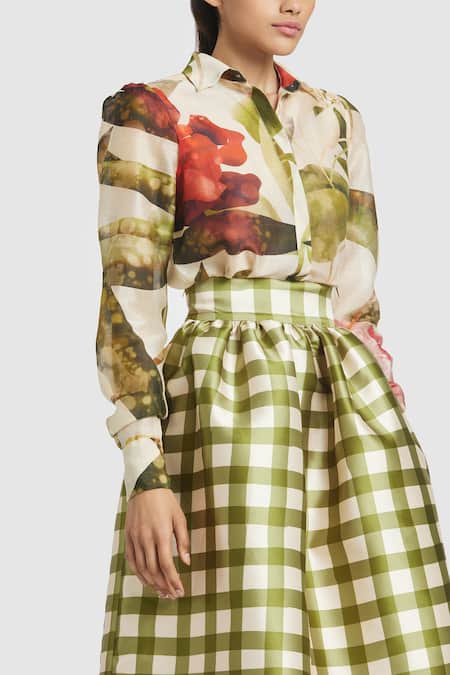 Buy_Gauri & Nainika_Ivory Chanderi Collared Carnation Print Shirt _Online_at_Aza_Fashions