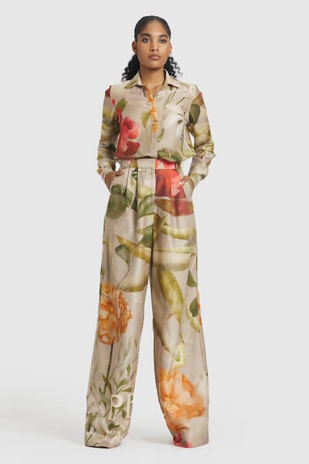 Shop Gauri & Nainika Brown Chanderi Collared Carnation Pattern Shirt Online at Aza Fashions Shop_Gauri & Nainika_Brown Chanderi Collared Carnation Pattern Shirt _Online_at_Aza_Fashions