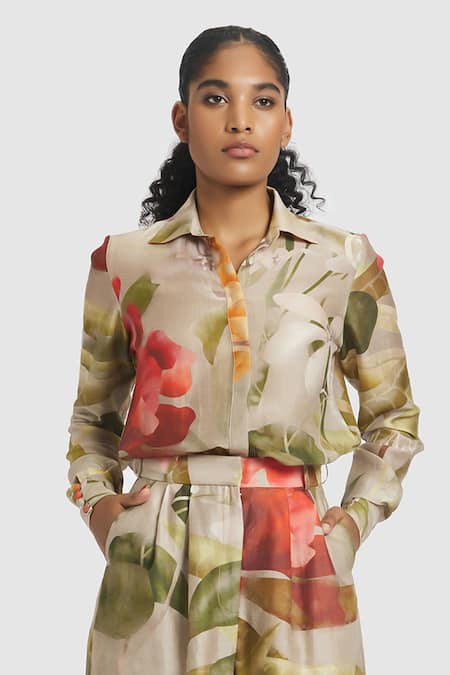 Gauri & Nainika Brown Chanderi Collared Carnation Pattern Shirt at Aza Fashions Gauri & Nainika_Brown Chanderi Collared Carnation Pattern Shirt _at_Aza_Fashions