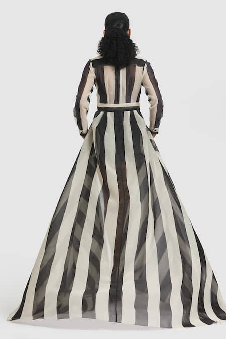 Shop Gauri & Nainika Black Organza Collared Striped Print Shirt Dress at Aza Fashions Shop_Gauri & Nainika_Black Organza Collared Striped Print Shirt Dress _at_Aza_Fashions