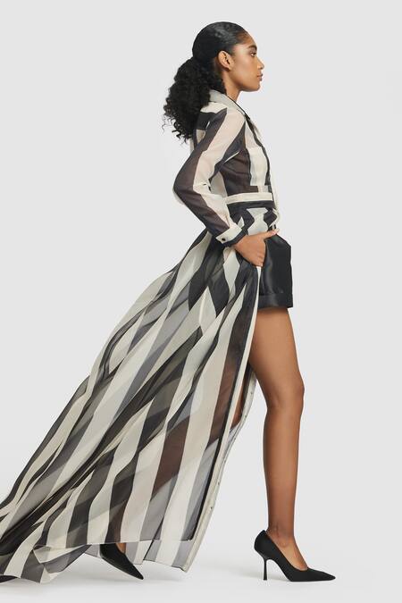 Gauri & Nainika Black Organza Collared Striped Print Shirt Dress Online at Aza Fashions Gauri & Nainika_Black Organza Collared Striped Print Shirt Dress _Online_at_Aza_Fashions