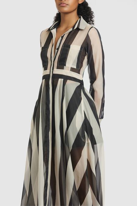 Buy Gauri & Nainika Black Organza Collared Striped Print Shirt Dress Online at Aza Fashions Buy_Gauri & Nainika_Black Organza Collared Striped Print Shirt Dress _Online_at_Aza_Fashions