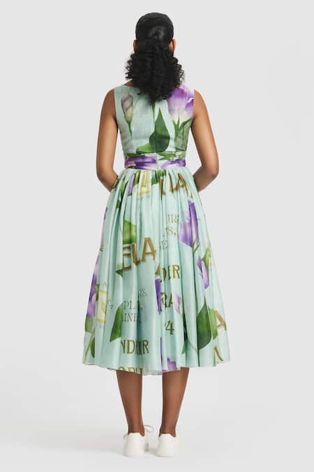 Shop_Gauri & Nainika_Blue Chanderi V-neck Front Tie-up Midi Dress _at_Aza_Fashions