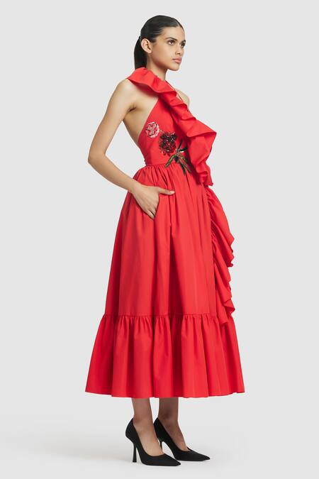 Gauri & Nainika_Red Cotton Ruffles Asymmetric Detailed Front Midi Dress _Online_at_Aza_Fashions