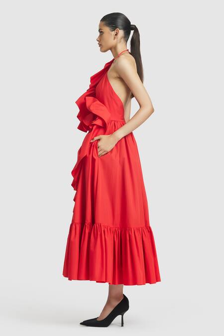 Buy_Gauri & Nainika_Red Cotton Ruffles Asymmetric Detailed Front Midi Dress _Online_at_Aza_Fashions