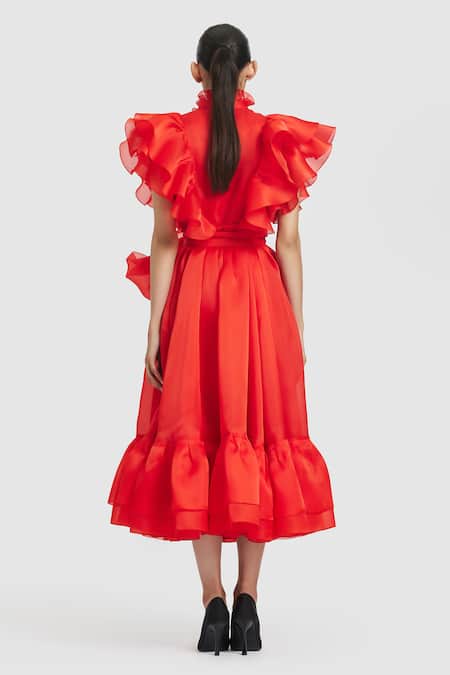 Shop_Gauri & Nainika_Red Organza Round Neck Ruffle Detailed Shirt Dress _at_Aza_Fashions