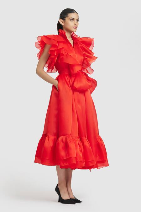 Gauri & Nainika_Red Organza Round Neck Ruffle Detailed Shirt Dress _Online_at_Aza_Fashions