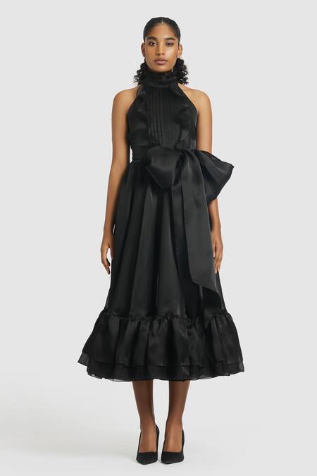 Gauri & Nainika_Black Organza Ruffles Halter Neck Midi Dress _Online_at_Aza_Fashions