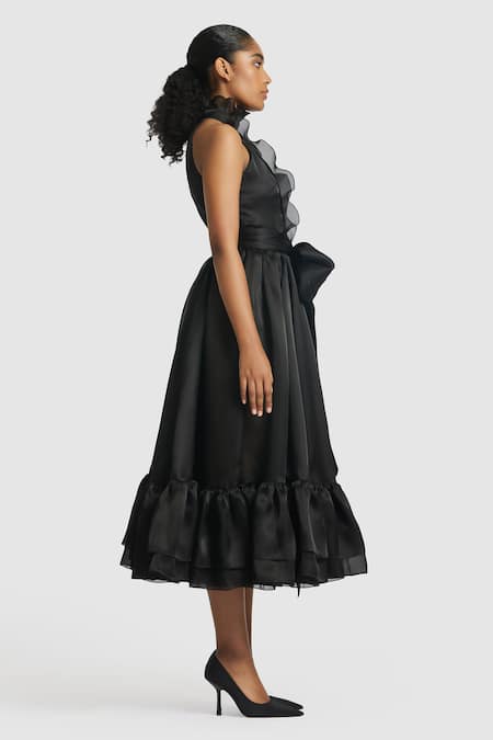 Buy_Gauri & Nainika_Black Organza Ruffles Halter Neck Midi Dress _Online_at_Aza_Fashions