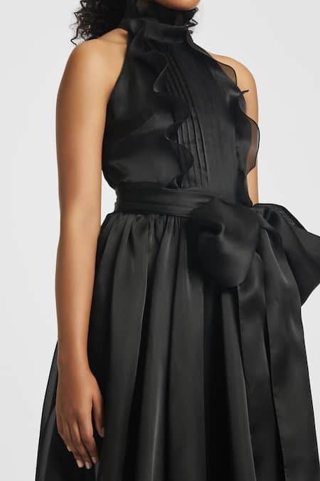 Shop_Gauri & Nainika_Black Organza Ruffles Halter Neck Midi Dress _Online_at_Aza_Fashions