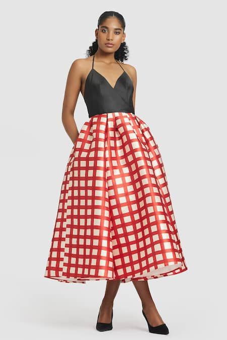 Gauri & Nainika Black Mikado Checks Plunge Pattern Midi Dress 