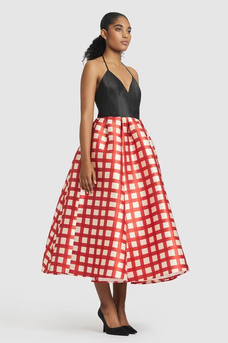 Gauri & Nainika Black Microfiber Plunge Neck Checks Pattern Midi Dress Online at Aza Fashions Gauri & Nainika_Black Microfiber Plunge Neck Checks Pattern Midi Dress _Online_at_Aza_Fashions