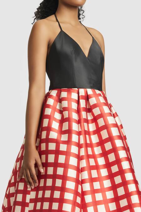 Shop Gauri & Nainika Black Microfiber Plunge Neck Checks Pattern Midi Dress Online at Aza Fashions Shop_Gauri & Nainika_Black Microfiber Plunge Neck Checks Pattern Midi Dress _Online_at_Aza_Fashions