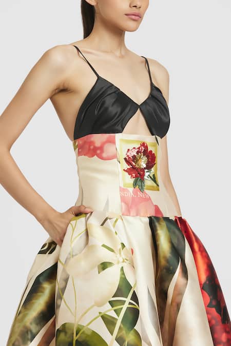 Shop_Gauri & Nainika_Ivory Microfiber Embroidery Plunge Neck Drop Waist Midi Dress _Online_at_Aza_Fashions